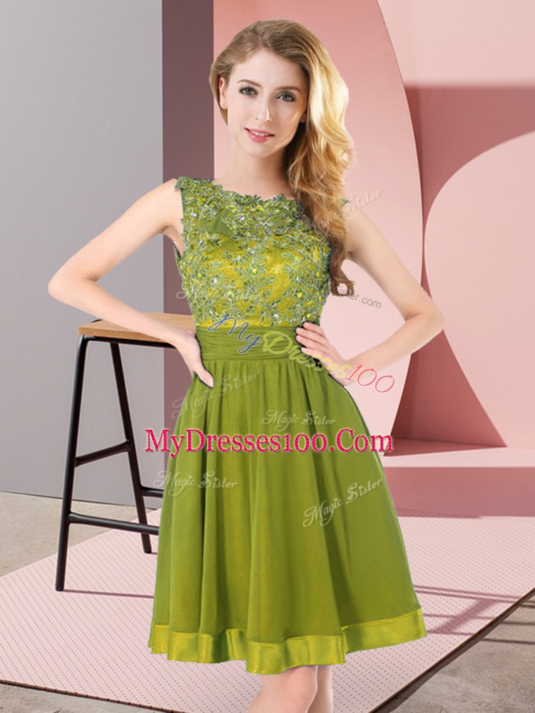 High Class Olive Green Backless Scoop Beading and Appliques Dama Dress Chiffon Sleeveless
