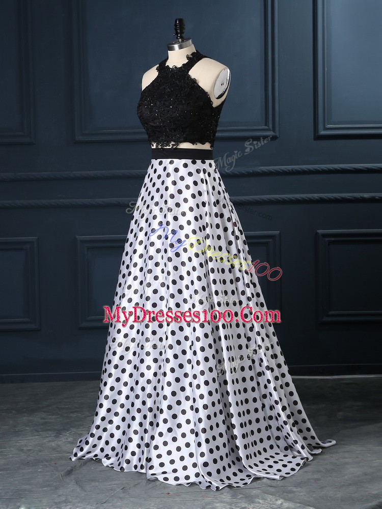White And Black Sleeveless Lace Prom Party Dress