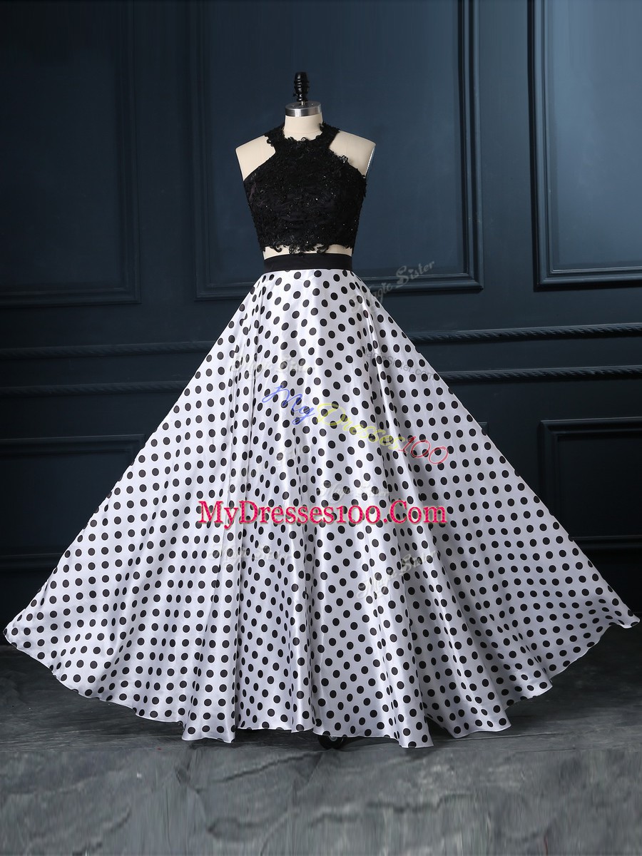 White And Black Sleeveless Lace Prom Party Dress