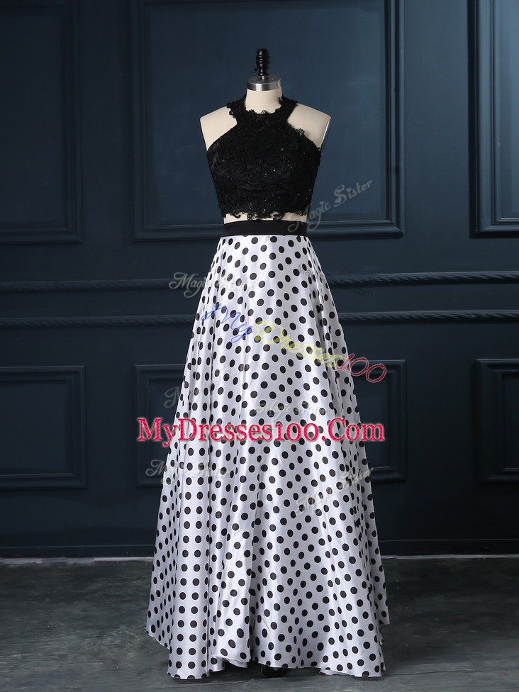 White And Black Sleeveless Lace Prom Party Dress