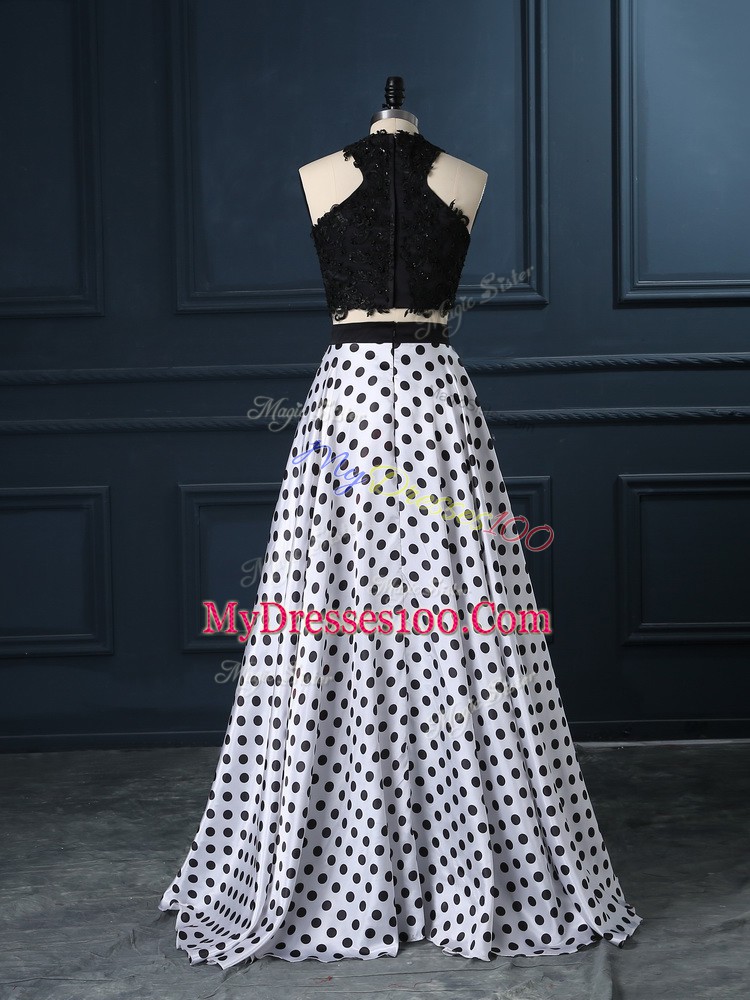 White And Black Sleeveless Lace Prom Party Dress