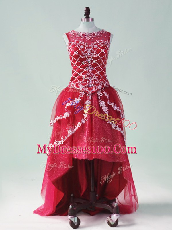 Cheap Beading and Appliques Prom Party Dress Wine Red Zipper Sleeveless High Low
