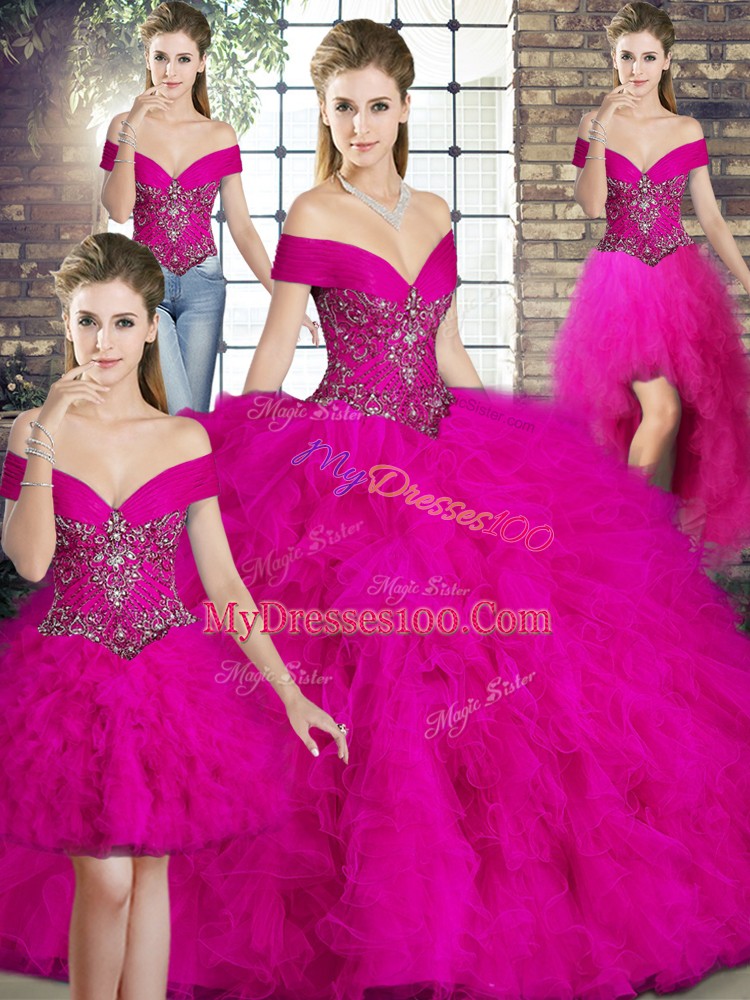 Dazzling Beading and Ruffles Quinceanera Dress Fuchsia Lace Up Sleeveless Floor Length