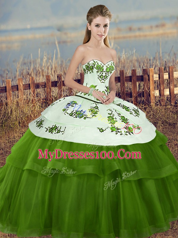 Lovely Green Tulle Lace Up Vestidos de Quinceanera Sleeveless Floor Length Embroidery and Bowknot