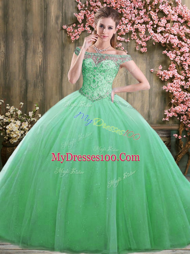 Green Lace Up Off The Shoulder Beading Quinceanera Dress Tulle Sleeveless