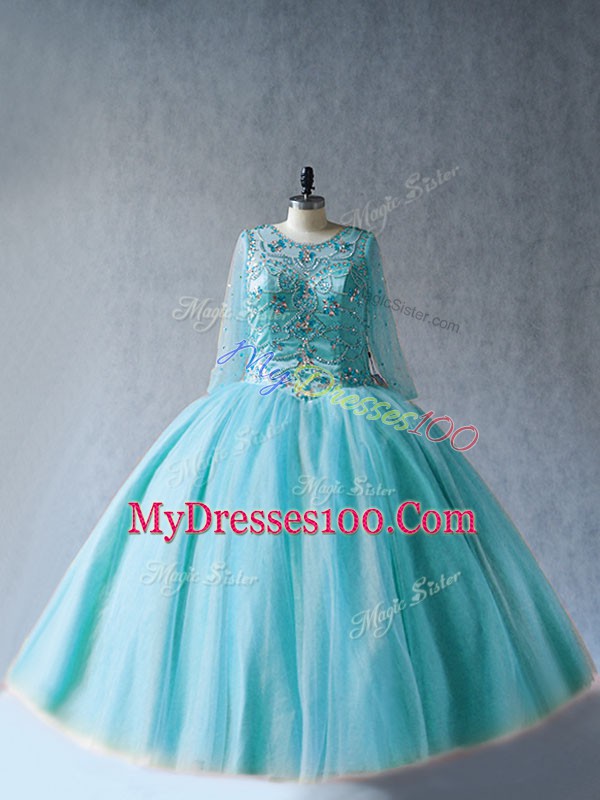Hot Selling Aqua Blue Scoop Neckline Beading Quinceanera Dress Long Sleeves Lace Up