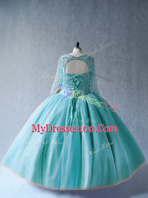 Hot Selling Aqua Blue Scoop Neckline Beading Quinceanera Dress Long Sleeves Lace Up