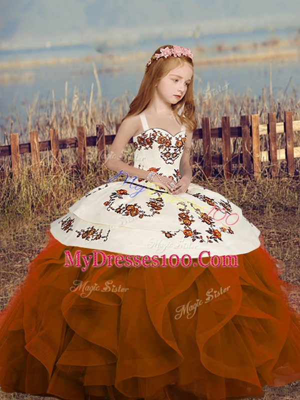 Custom Design Rust Red Sleeveless Floor Length Embroidery and Ruffles Lace Up Little Girls Pageant Dress