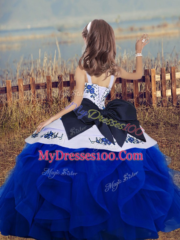 Custom Design Rust Red Sleeveless Floor Length Embroidery and Ruffles Lace Up Little Girls Pageant Dress