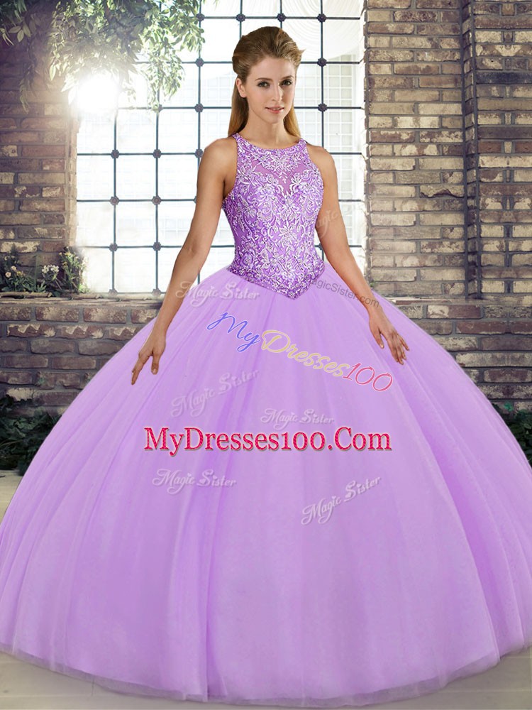 Sophisticated Sleeveless Tulle Floor Length Lace Up Quince Ball Gowns in Lavender with Embroidery