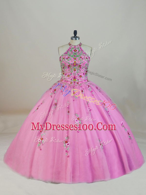 Tulle Sleeveless 15 Quinceanera Dress Brush Train and Appliques and Embroidery