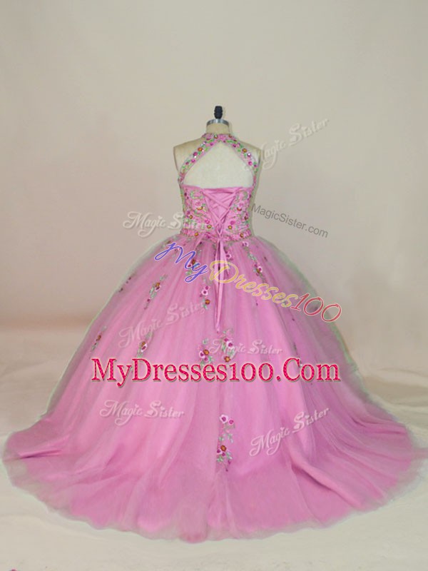 Tulle Sleeveless 15 Quinceanera Dress Brush Train and Appliques and Embroidery