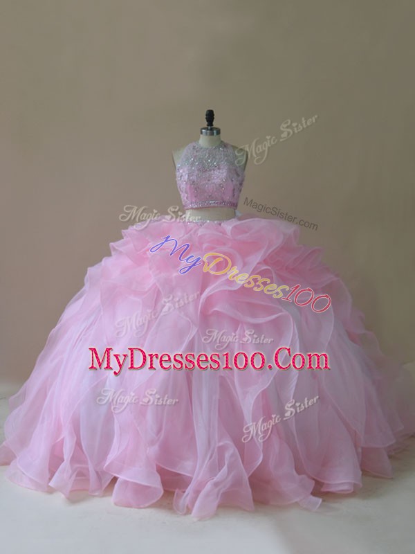 Cheap Baby Pink Two Pieces Organza Halter Top Sleeveless Ruffles Lace Up Quinceanera Gowns Brush Train