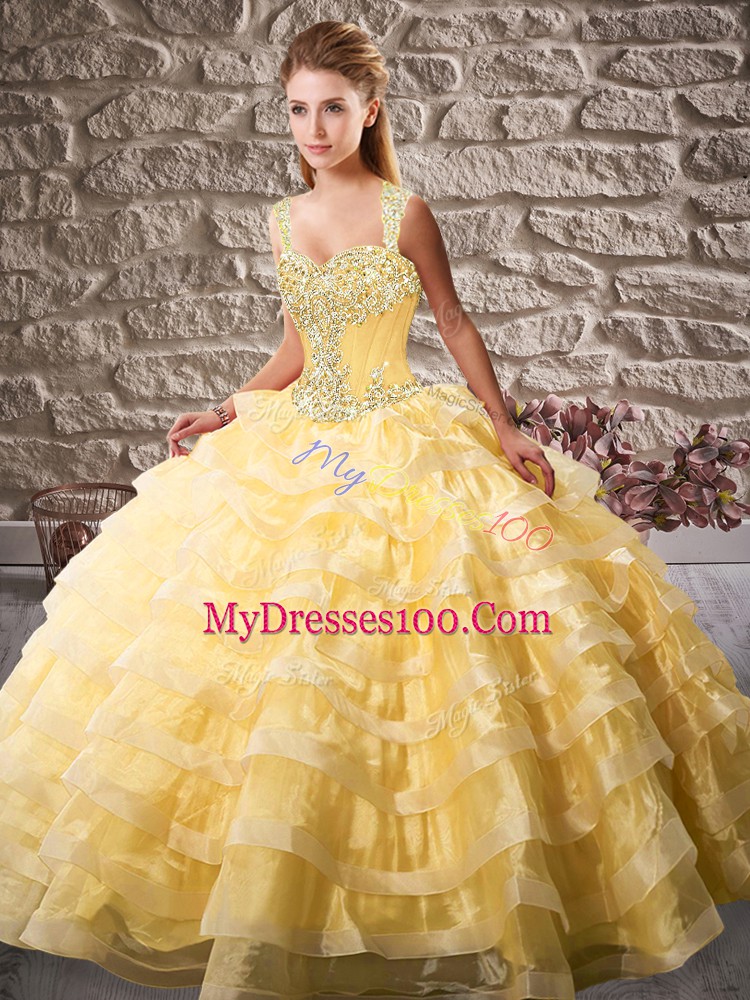 Elegant Gold Sleeveless Court Train Beading and Ruffled Layers Quinceanera Gowns