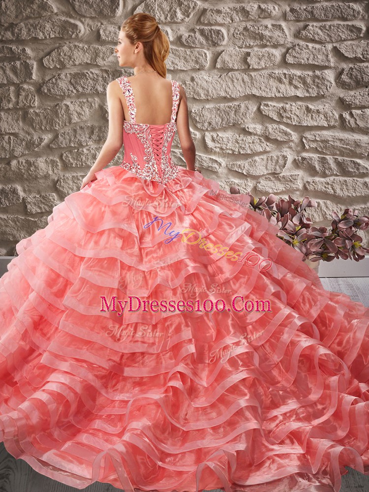 Elegant Gold Sleeveless Court Train Beading and Ruffled Layers Quinceanera Gowns