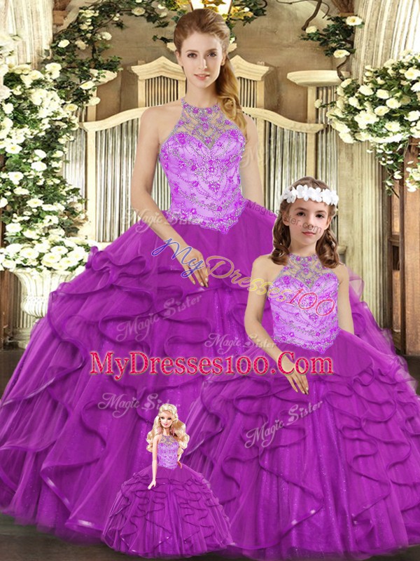 Sweet Floor Length Lace Up Quinceanera Gown Purple for Sweet 16 and Quinceanera with Beading and Ruffles