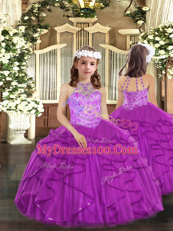 Sweet Floor Length Lace Up Quinceanera Gown Purple for Sweet 16 and Quinceanera with Beading and Ruffles