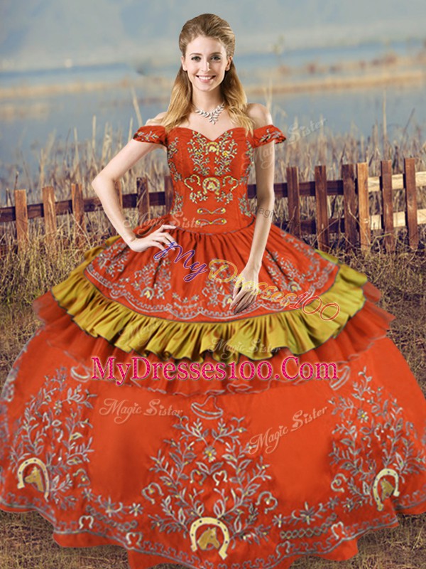 Rust Red Satin and Organza Lace Up Sweet 16 Dress Sleeveless Floor Length Embroidery