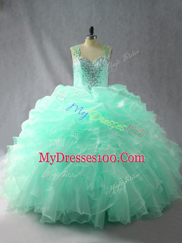 Straps Sleeveless Quinceanera Gowns Floor Length Beading and Ruffles and Pick Ups Apple Green Organza