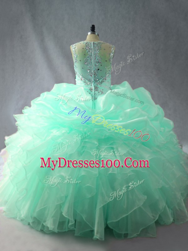 Straps Sleeveless Quinceanera Gowns Floor Length Beading and Ruffles and Pick Ups Apple Green Organza