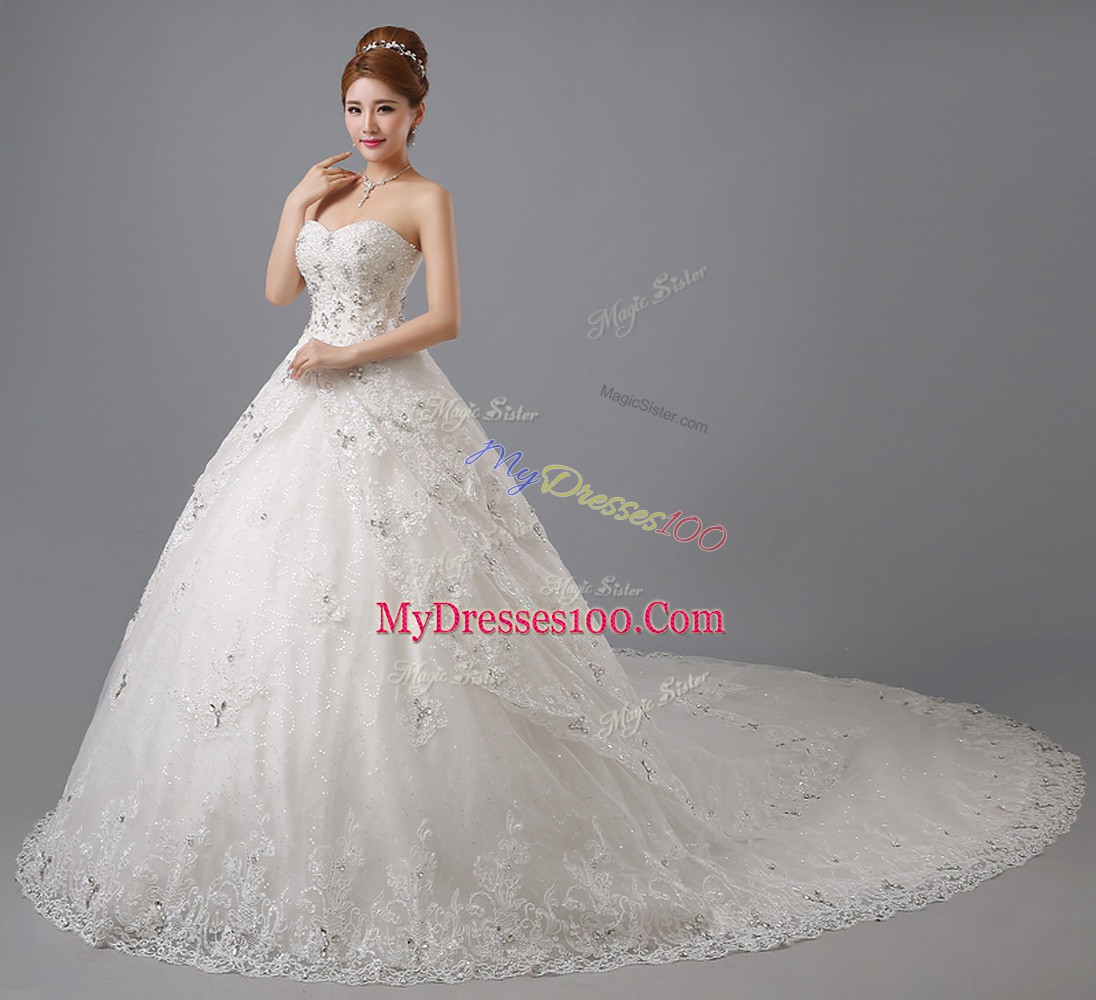 Flirting Sleeveless Tulle Chapel Train Lace Up Bridal Gown in White with Beading and Lace