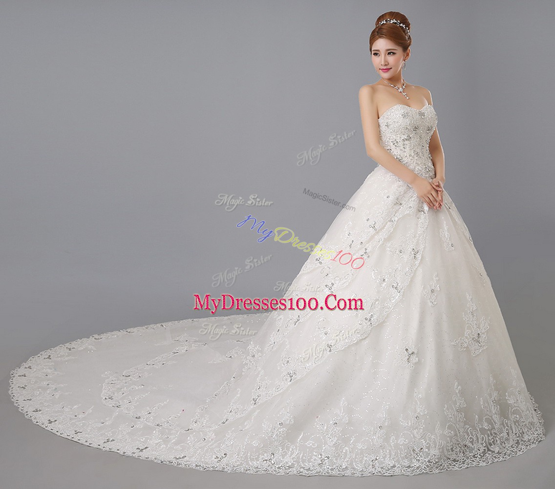 Flirting Sleeveless Tulle Chapel Train Lace Up Bridal Gown in White with Beading and Lace