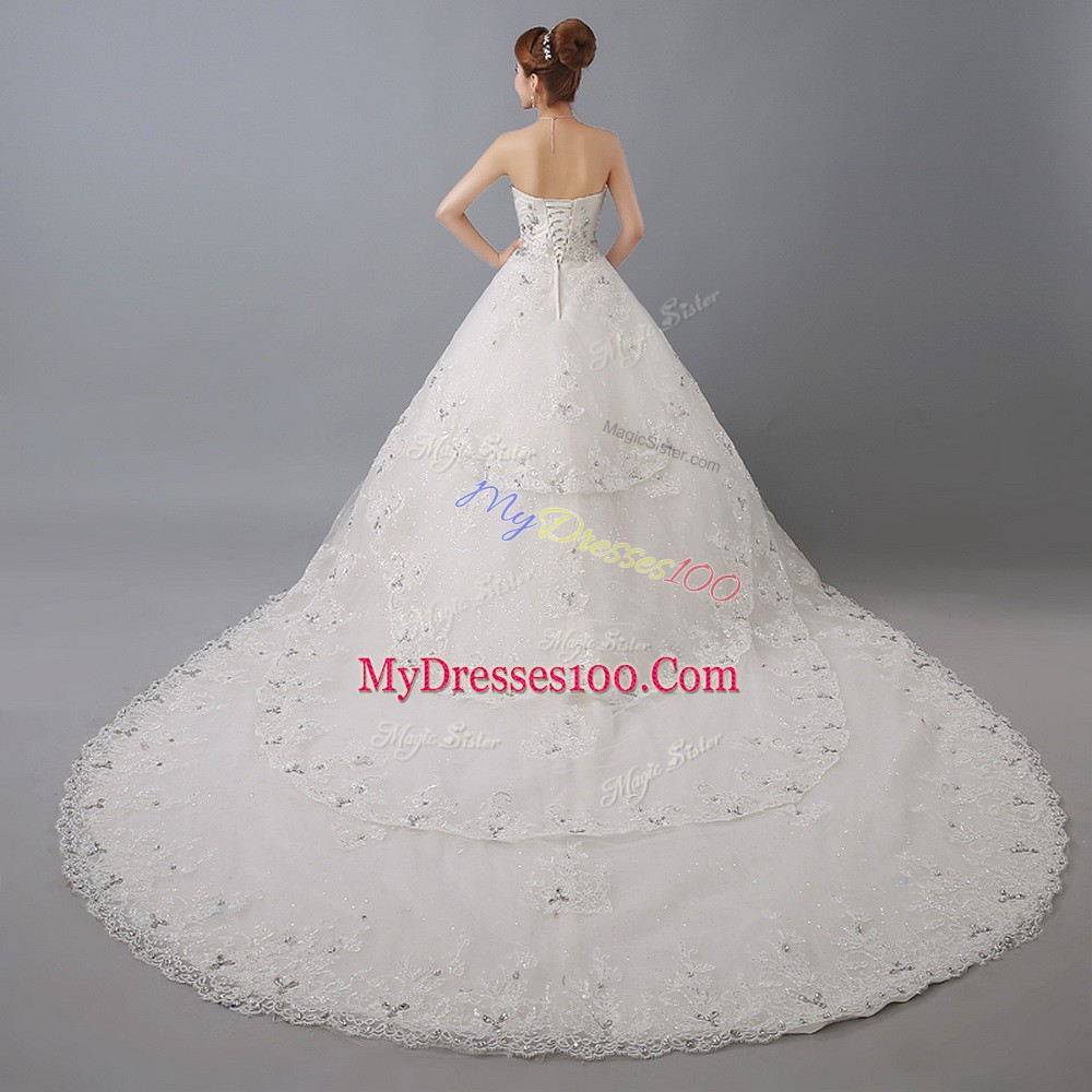 Flirting Sleeveless Tulle Chapel Train Lace Up Bridal Gown in White with Beading and Lace