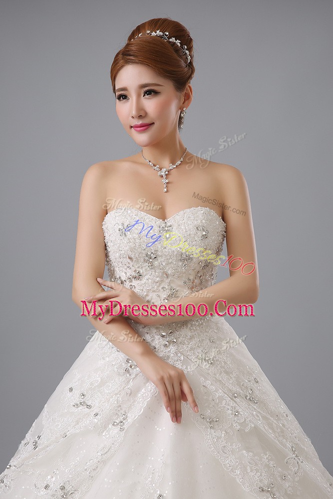 Flirting Sleeveless Tulle Chapel Train Lace Up Bridal Gown in White with Beading and Lace