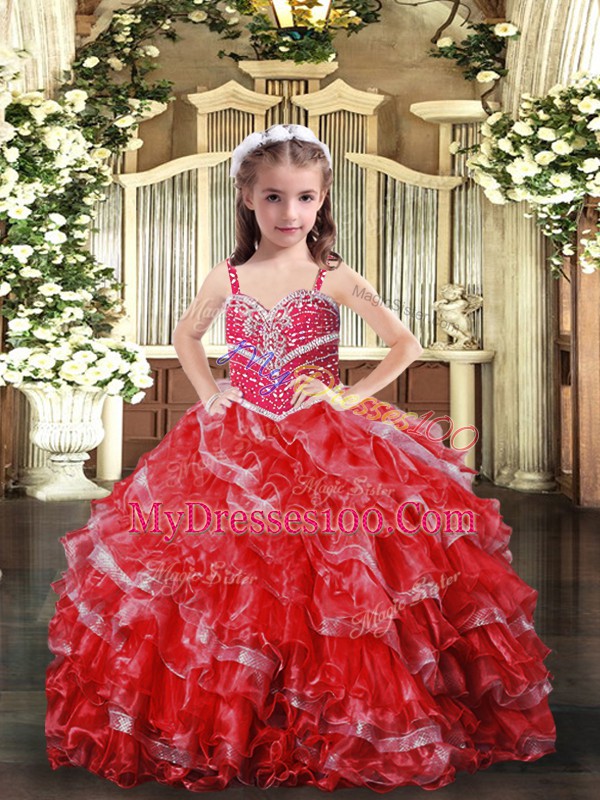 Red Sleeveless Floor Length Beading Lace Up Little Girls Pageant Gowns
