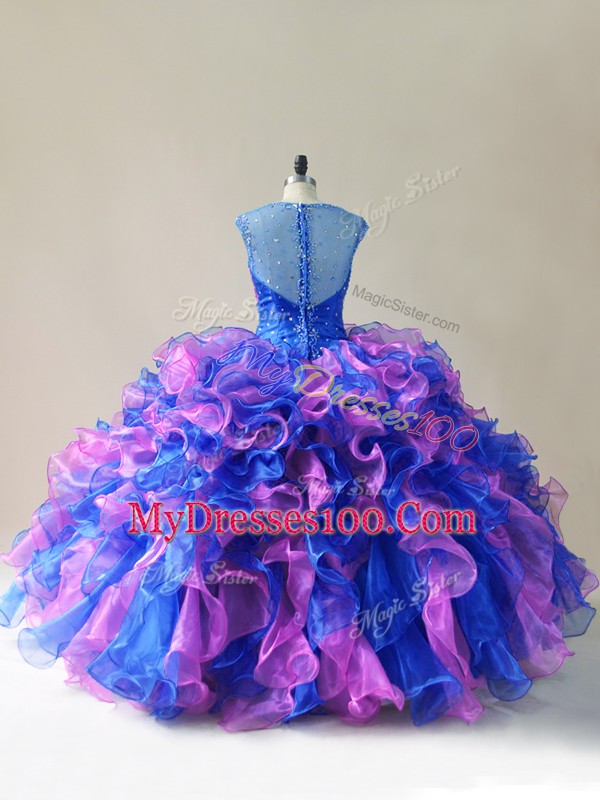 Spectacular Sleeveless Floor Length Beading and Ruffles Zipper Sweet 16 Quinceanera Dress with Multi-color