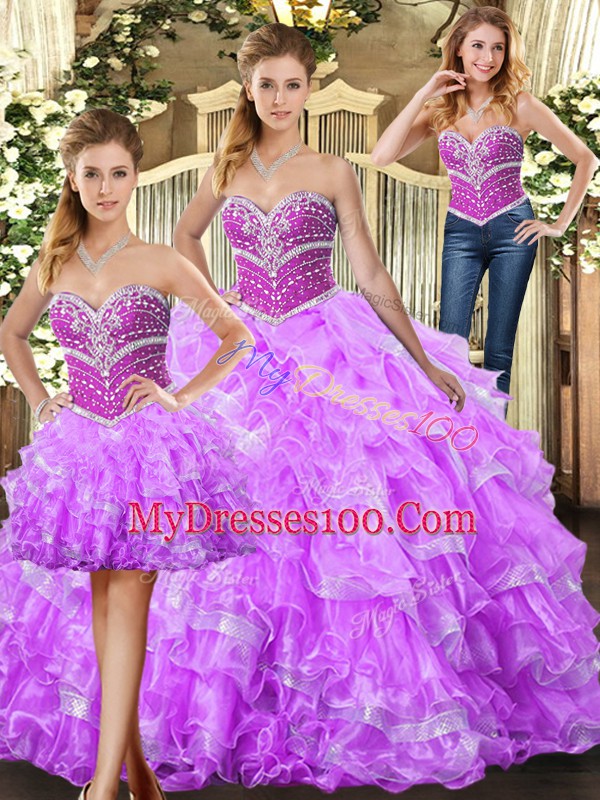 Organza Sweetheart Sleeveless Lace Up Beading and Ruffles Ball Gown Prom Dress in Lilac