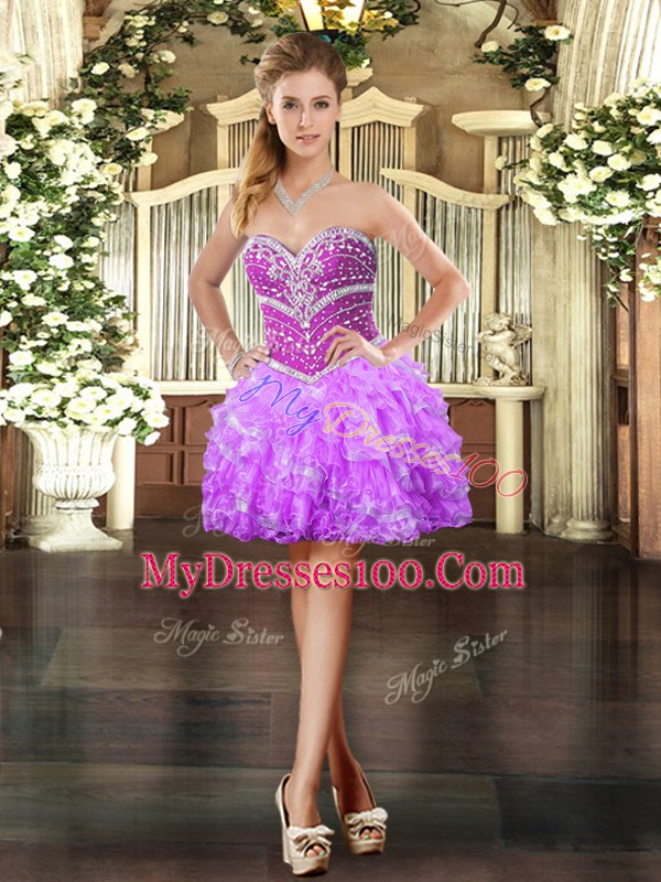 Organza Sweetheart Sleeveless Lace Up Beading and Ruffles Ball Gown Prom Dress in Lilac