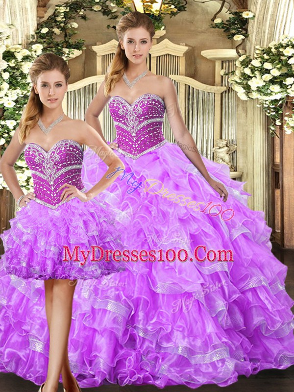 Organza Sweetheart Sleeveless Lace Up Beading and Ruffles Ball Gown Prom Dress in Lilac