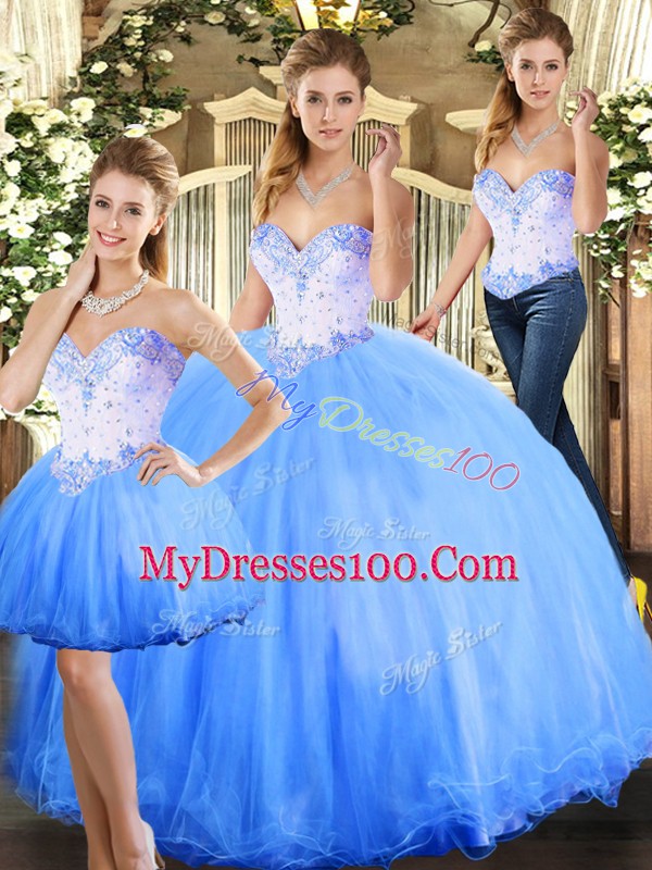 Romantic Blue Quinceanera Gowns Sweet 16 and Quinceanera with Beading Sweetheart Sleeveless Lace Up