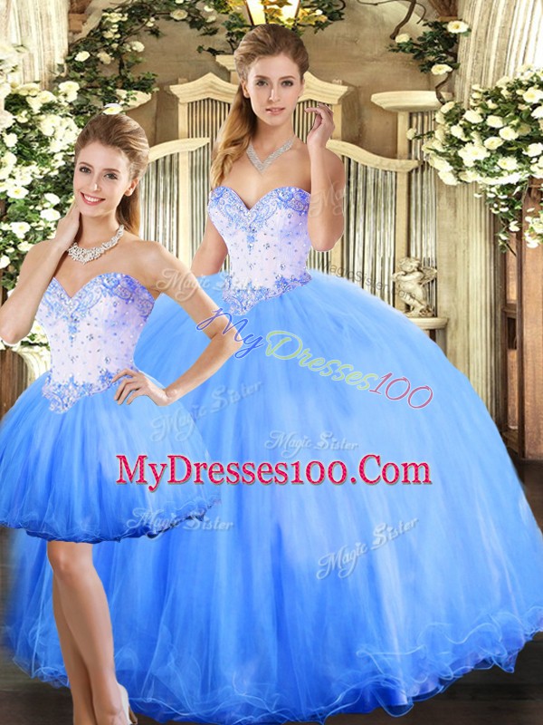 Romantic Blue Quinceanera Gowns Sweet 16 and Quinceanera with Beading Sweetheart Sleeveless Lace Up