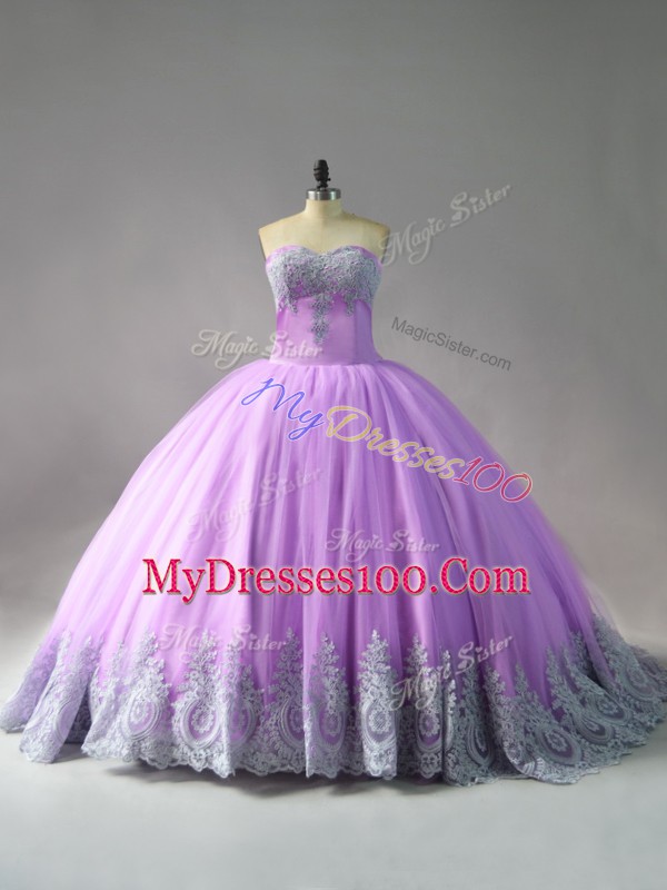 Lilac Quinceanera Dresses Sweet 16 and Quinceanera with Appliques Sweetheart Sleeveless Court Train Lace Up