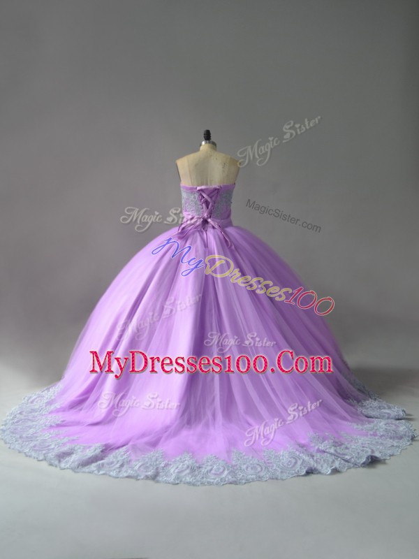 Lilac Quinceanera Dresses Sweet 16 and Quinceanera with Appliques Sweetheart Sleeveless Court Train Lace Up