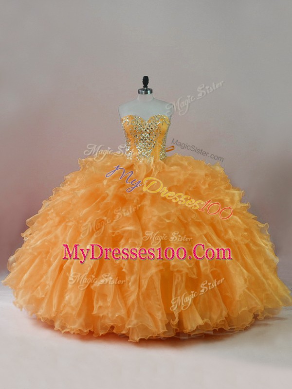 Beading and Ruffles Quinceanera Dresses Orange Lace Up Sleeveless Floor Length