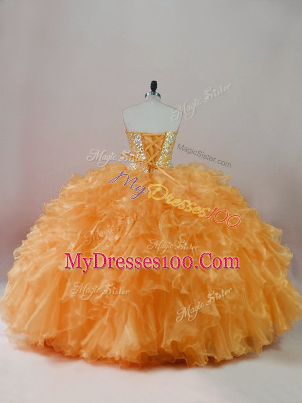 Beading and Ruffles Quinceanera Dresses Orange Lace Up Sleeveless Floor Length