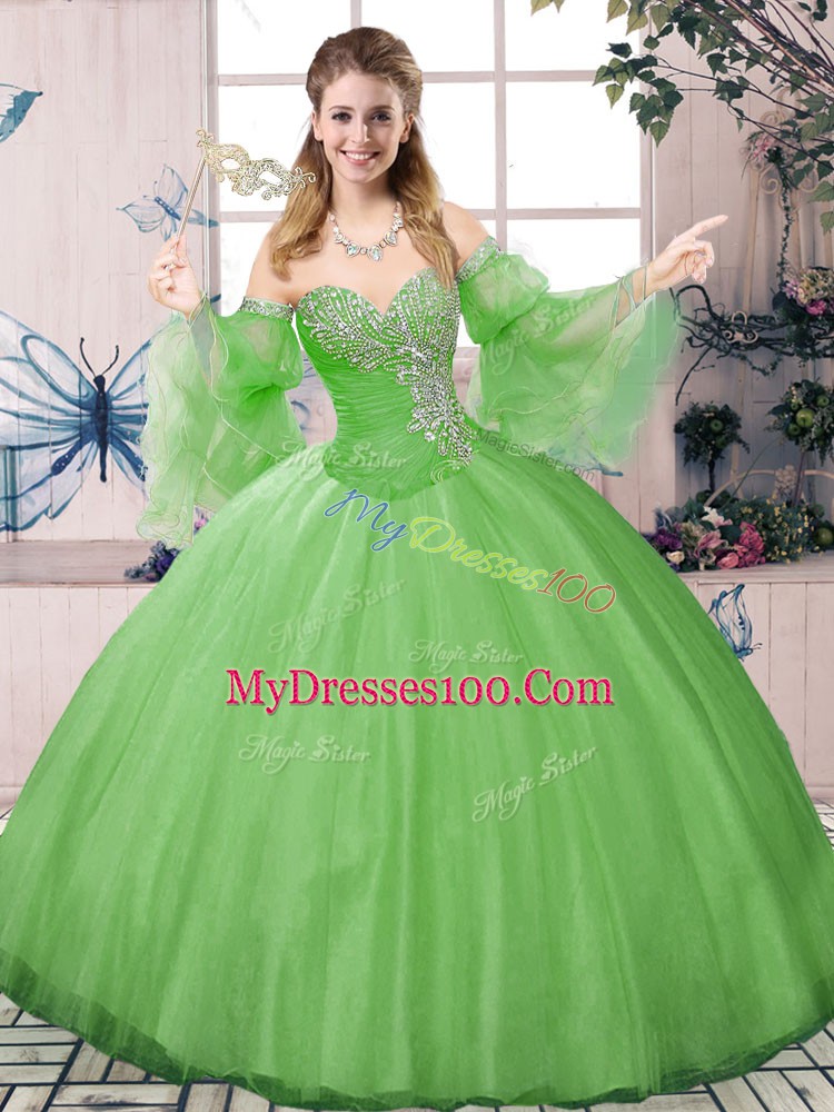 Green Ball Gown Prom Dress Sweet 16 and Quinceanera with Beading Sweetheart Long Sleeves Lace Up