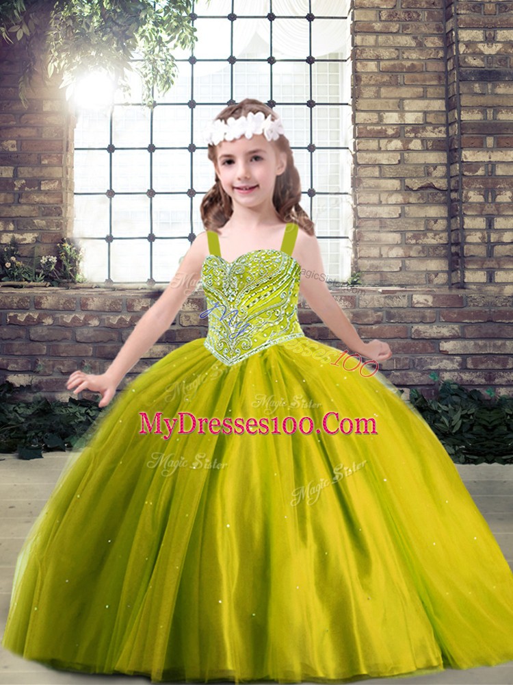 Affordable Olive Green Ball Gowns Straps Sleeveless Tulle Floor Length Lace Up Beading Little Girls Pageant Gowns