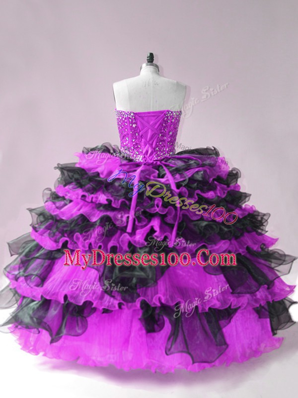 Simple Floor Length Lace Up Quinceanera Dress Black And Purple for Sweet 16 and Quinceanera with Beading and Ruffled Layers