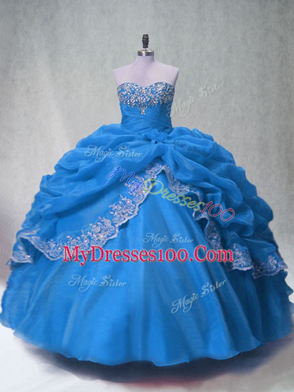 Popular Sleeveless Floor Length Beading and Appliques and Pick Ups Lace Up 15 Quinceanera Dress with Blue