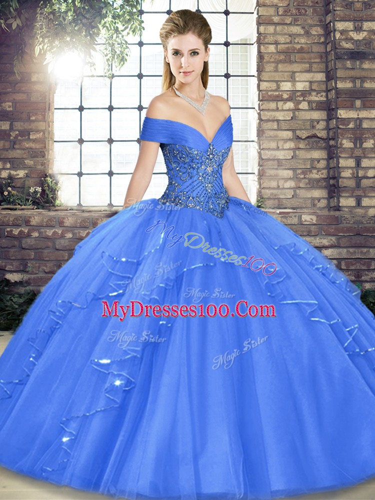 Blue Tulle Lace Up Sweet 16 Dress Sleeveless Floor Length Beading and Ruffles