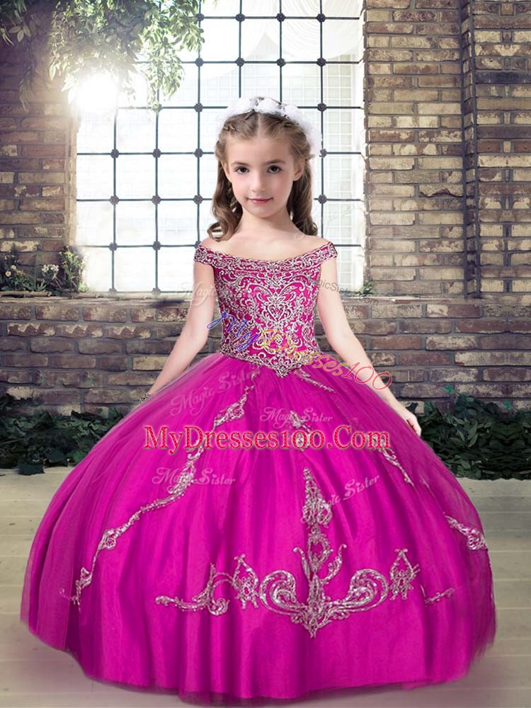 Fuchsia Lace Up Off The Shoulder Beading and Appliques Little Girls Pageant Gowns Tulle Sleeveless