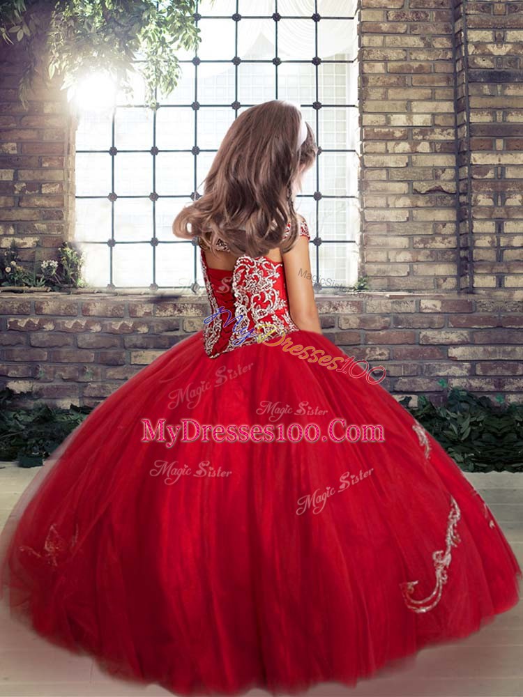 Fuchsia Lace Up Off The Shoulder Beading and Appliques Little Girls Pageant Gowns Tulle Sleeveless