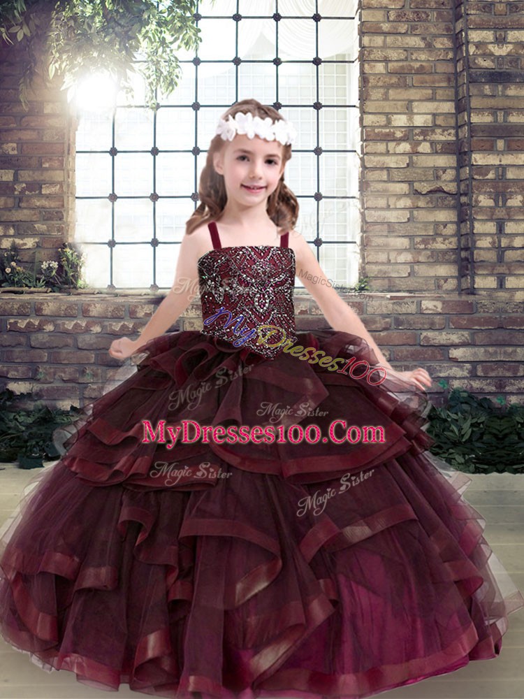 Burgundy Child Pageant Dress Party and Wedding Party with Beading and Ruffles Straps Sleeveless Lace Up