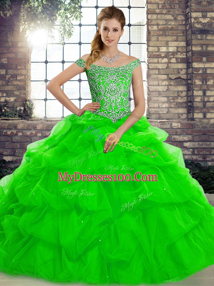 Latest Green Quinceanera Dress Tulle Brush Train Sleeveless Beading and Pick Ups