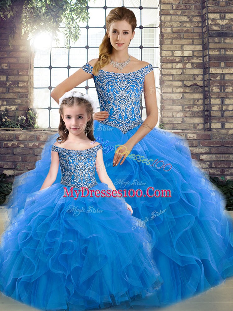 Sweet Tulle Sleeveless 15 Quinceanera Dress Brush Train and Beading and Ruffles