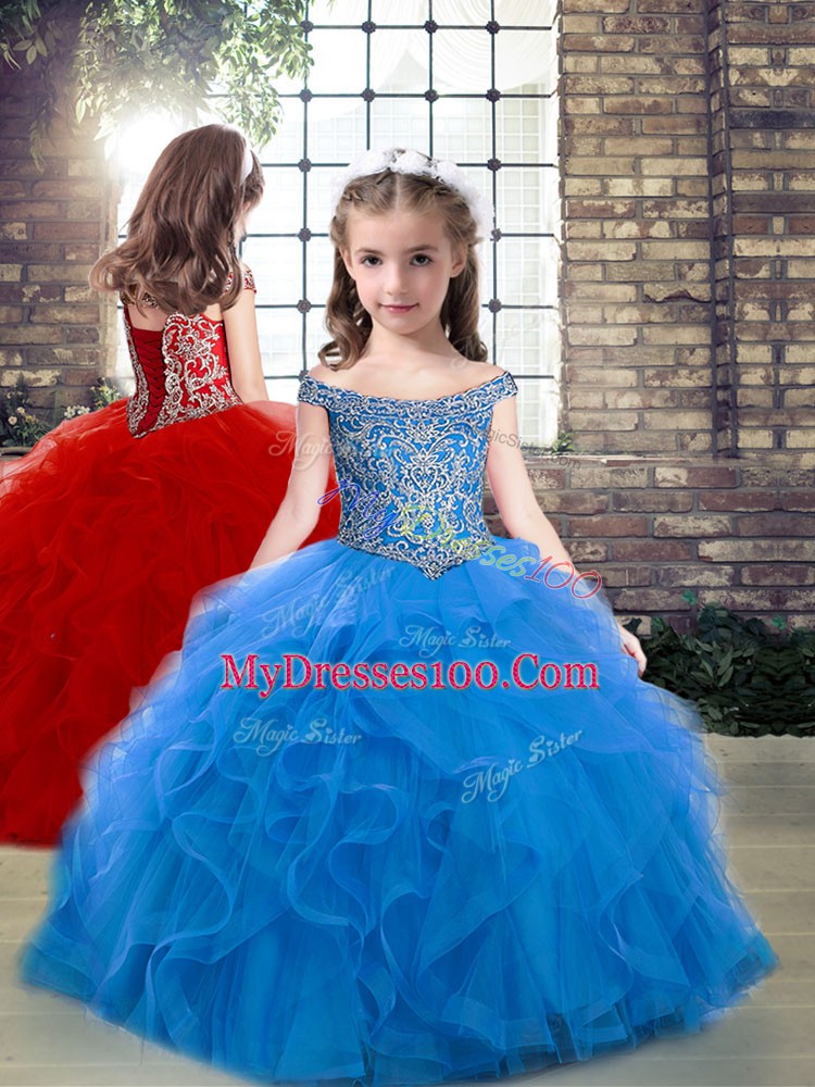 Sweet Tulle Sleeveless 15 Quinceanera Dress Brush Train and Beading and Ruffles